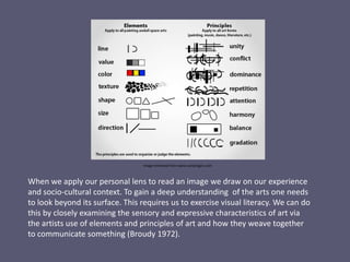 Image retrieved from www.candcsigns.com
When we apply our personal lens to read an image we draw on our experience
and socio-cultural context. To gain a deep understanding of the arts one needs
to look beyond its surface. This requires us to exercise visual literacy. We can do
this by closely examining the sensory and expressive characteristics of art via
the artists use of elements and principles of art and how they weave together
to communicate something (Broudy 1972).
Philippe Starck for Fluocaril ( 1989)
toothbrush and holder
 