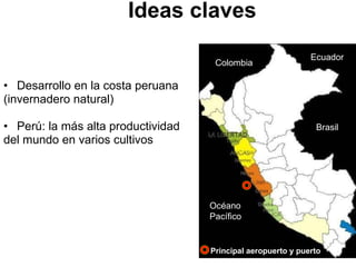 Ideas claves  Desarrollo en la costa peruana  (invernadero natural) Perú: la más alta productividad  del mundo en varios cultivos  Océano  Pacífico Colombia  Ecuador Brasil Principal aeropuerto y puerto  