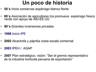 Un poco de historia  50´s  Inicio conservas espárrago blanco Norte  80´s  Asociación de agricultores Ica promueve  espárrago fresco verde con apoyo de AID-EE.UU  90´s  Grandes inversiones privadas  1998  Inicio IPE 2002  Alcachofa y páprika costa escala comercial  2003  IPEH  /  AGAP  2007  Plan estratégico, visión: “Ser el gremio representativo  de la industria hortícola peruana de exportación” 