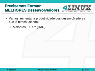 Precisamos Formar
MELHORES Desenvolvedores
●    Vamos aumentar a produtividade dos desenvolvedores
     que já temos usando:
      ●   Melhores IDEs ? (RAD)




    Capítulo 1            www.4linux.com.br          13 / 36
 