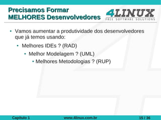 Precisamos Formar
MELHORES Desenvolvedores
●    Vamos aumentar a produtividade dos desenvolvedores
     que já temos usando:
      ●   Melhores IDEs ? (RAD)
          ●   Melhor Modelagem ? (UML)
               ● Melhores Metodologias ? (RUP)




    Capítulo 1             www.4linux.com.br         15 / 36
 