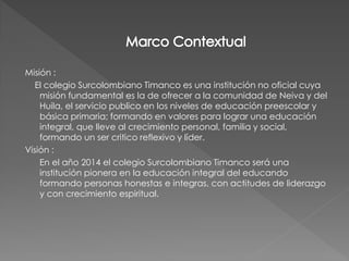Misión :
   El colegio Surcolombiano Timanco es una institución no oficial cuya
    misión fundamental es la de ofrecer a la comunidad de Neiva y del
    Huila, el servicio publico en los niveles de educación preescolar y
    básica primaria; formando en valores para lograr una educación
    integral, que lleve al crecimiento personal, familia y social,
    formando un ser critico reflexivo y líder.
Visión :
    En el año 2014 el colegio Surcolombiano Timanco será una
    institución pionera en la educación integral del educando
    formando personas honestas e integras, con actitudes de liderazgo
    y con crecimiento espiritual.
 