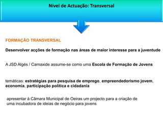 FORMAÇÃO TRANSVERSALDesenvolver acções de formação nas áreas de maior interesse para a juventudeA JSD Algés / Carnaxide assume-se como uma Escola de Formação de JovensNível de Actuação: Transversaltemáticas: estratégias para pesquisa de emprego, empreendedorismo jovem, economia, participação política e cidadaniaapresentar à Câmara Municipal de Oeiras um projecto para a criação de uma incubadora de ideias de negócio para jovens