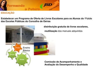 EDUCAÇÃO Estabelecer um Programa de Oferta de Livros Escolares para os Alunos do 1ºciclo das Escolas Públicas do Concelho de Oeirasdistribuição gratuita de livros escolares,reutilização dos manuais adquiridos Ensino BásicoComissão de Acompanhamento e Avaliação do Desempenho e Qualidade
