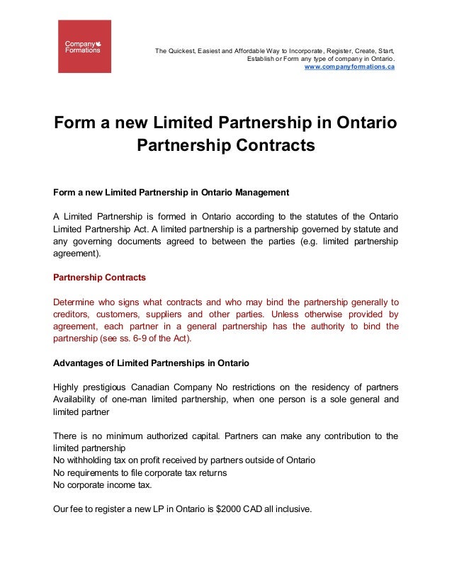 Form A New Limited Partnership In Ontario Partnership Contracts