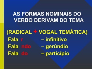 AS FORMAS NOMINAIS DO
VERBO DERIVAM DO TEMA
(RADICAL + VOGAL TEMÁTICA)
Fala r – infinitivo
Fala ndo – gerúndio
Fala do – particípio
 