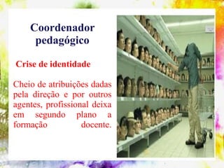Coordenador pedagógico vive crise de
             identidade

     Coordenador
      pedagógico

Crise de identidade

Cheio de atribuições dadas
pela direção e por outros
agentes, profissional deixa
em segundo plano a
formação           docente.
 