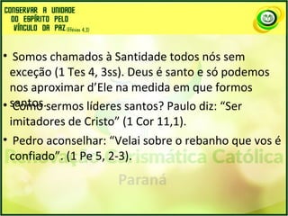 • Somos chamados à Santidade todos nós sem
exceção (1 Tes 4, 3ss). Deus é santo e só podemos
nos aproximar d’Ele na medida em que formos
santos.• Como sermos líderes santos? Paulo diz: “Ser
imitadores de Cristo” (1 Cor 11,1).
• Pedro aconselhar: “Velai sobre o rebanho que vos é
confiado”. (1 Pe 5, 2-3).
 