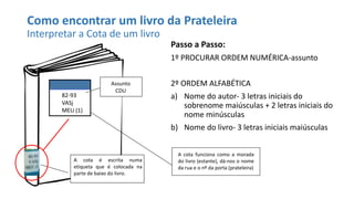 Como encontrar um livro da Prateleira
Interpretar a Cota de um livro
Passo a Passo:
1º PROCURAR ORDEM NUMÉRICA-assunto
2º ORDEM ALFABÉTICA
a) Nome do autor- 3 letras iniciais do
sobrenome maiúsculas + 2 letras iniciais do
nome minúsculas
b) Nome do livro- 3 letras iniciais maiúsculas
A cota é escrita numa
etiqueta que é colocada na
parte de baixo do livro.
Assunto
CDU
A cota funciona como a morada
do livro (estante), dá-nos o nome
da rua e o nº da porta (prateleira)
82-93
VASj
MEU (1)
 
