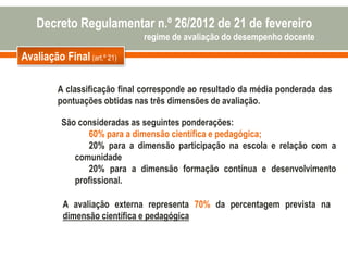 Avaliação Final (art.º 21)
A classificação final corresponde ao resultado da média ponderada das
pontuações obtidas nas três dimensões de avaliação.
A avaliação externa representa 70% da percentagem prevista na
dimensão científica e pedagógica
São consideradas as seguintes ponderações:
60% para a dimensão científica e pedagógica;
20% para a dimensão participação na escola e relação com a
comunidade
20% para a dimensão formação contínua e desenvolvimento
profissional.
Decreto Regulamentar n.º 26/2012 de 21 de fevereiro
regime de avaliação do desempenho docente
 