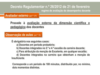 Avaliador externo (art.º 13º)
Procede à avaliação externa da dimensão científica e
pedagógica dos docentes
Observação de aulas (art.º 18)
É obrigatória nos seguintes casos:
a) Docentes em período probatório;
b) Docentes integrados no 2.º e 4.º escalão da carreira docente;
c) Para atribuição da menção de Excelente, em qualquer escalão;
d) Docentes integrados na carreira que obtenham a menção de
Insuficiente.
Corresponde a um período de 180 minutos, distribuído por, no mínimo,
dois momentos distintos.
Decreto Regulamentar n.º 26/2012 de 21 de fevereiro
regime de avaliação do desempenho docente
 