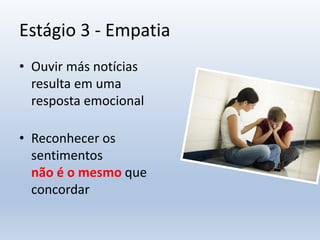 Estágio 3 - Empatia
• Ouvir más notícias
resulta em uma
resposta emocional
• Reconhecer os
sentimentos
não é o mesmo que
concordar
 