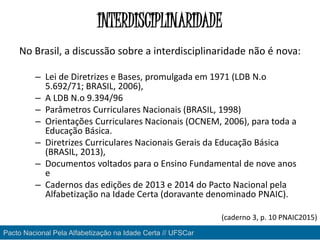 INTERDISCIPLINARIDADE
No Brasil, a discussão sobre a interdisciplinaridade não é nova:
– Lei de Diretrizes e Bases, promulgada em 1971 (LDB N.o
5.692/71; BRASIL, 2006),
– A LDB N.o 9.394/96
– Parâmetros Curriculares Nacionais (BRASIL, 1998)
– Orientações Curriculares Nacionais (OCNEM, 2006), para toda a
Educação Básica.
– Diretrizes Curriculares Nacionais Gerais da Educação Básica
(BRASIL, 2013),
– Documentos voltados para o Ensino Fundamental de nove anos
e
– Cadernos das edições de 2013 e 2014 do Pacto Nacional pela
Alfabetização na Idade Certa (doravante denominado PNAIC).
Pacto Nacional Pela Alfabetização na Idade Certa // UFSCar
(caderno 3, p. 10 PNAIC2015)
 