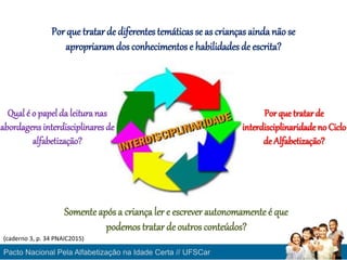 Somenteapós a criançaler e escrever autonomamente é que
podemos tratar de outros conteúdos?
Pacto Nacional Pela Alfabetização na Idade Certa // UFSCar
Por que tratarde
interdisciplinaridade no Ciclo
de Alfabetização?
Por que tratar de diferentes temáticas se as crianças aindanão se
apropriaramdos conhecimentos e habilidadesde escrita?
Qual é o papel da leituranas
abordagens interdisciplinares de
alfabetização?
(caderno 3, p. 34 PNAIC2015)
 