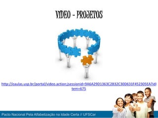 VÍDEO - PROJETOS
http://eaulas.usp.br/portal/video.action;jsessionid=9A6A29D1363C2B32C30D631F452305EA?idI
tem=675
Pacto Nacional Pela Alfabetização na Idade Certa // UFSCar
 