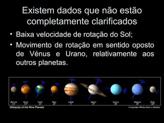 Existem dados que não estão completamente clarificados Baixa velocidade de rotação do Sol; Movimento de rotação em sentido oposto de Vénus e Urano, relativamente aos outros planetas. 