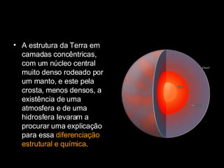 A estrutura da Terra em camadas concêntricas, com um núcleo central muito denso rodeado por um manto, e este pela crosta, menos densos, a existência de uma atmosfera e de uma hidrosfera levaram a procurar uma explicação para essa  diferenciação estrutural e química . 