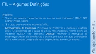 ITIL – Algumas Definições
Planejamento
–
ITIL
Problema:
• “Causa fundamental desconhecida de um ou mais incidentes.” (ABNT NBR
ISO/IEC 20000-1:2008);
• “É a causa de um ou mais incidentes.” (ITIL).
• Gerenciamento de Problemas: Prevenção de Problemas e incidentes resultante
deles. “Os problemas são a causa de um ou mais incidentes, mesmo assim, um
incidentes NUNCA “vira” problema. Objetivo: Minimizar a interrupção da
organização através da identificação e análises pró-ativas de causa de incidentes
do serviço e através do gerenciamento de problemas até o encerramento.
 