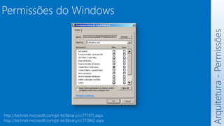 Arquitetura
-
Permissões
Permissões do Windows
http://technet.microsoft.com/pt-br/library/cc771375.aspx
http://technet.microsoft.com/pt-br/library/cc770962.aspx
 