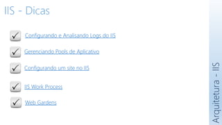 Configurando e Analisando Logs do IIS
Gerenciando Pools de Aplicativo
IIS - Dicas
Configurando um site no IIS
IIS Work Process
Web Gardens
Arquitetura
-
IIS
 