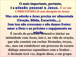 O mais importante, portanto,O mais importante, portanto,
é aé a adesão pessoal a Jesusadesão pessoal a Jesus.. É ser um
CHRISTIFIDELIS (um discípulo de Jesus)
Mas esta adesão a Jesus precisa ser alimentadaMas esta adesão a Jesus precisa ser alimentada
(Oração, Bíblia, Eucaristia,...).(Oração, Bíblia, Eucaristia,...).
Sem isso não crescemos e não damos frutos:Sem isso não crescemos e não damos frutos:
amor a Deus e ao próximo e engajamento naamor a Deus e ao próximo e engajamento na
missão...missão...É tarefa do processo formativo iniciar na
intimidade com Jesus, isto é, na vida de oração,
que não consiste em recitar fórmulas, terços,
etc., mas em estabelecer um processo de escuta-
diálogo amoroso espontâneo com o Senhor...
A fórmula terá vez, depois disso, e em grupo.
 