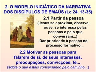 2.1 Partir da pessoa2.1 Partir da pessoa
(Jesus se aproxima, observa,
ouve, se interessa pelas
pessoas e pelo que
conversam...)
Dar prioridade à pessoa no
processo formativo...
2.2 Motivar as pessoas para
falarem de si, de seus interesses,
preocupações, convicções, fé...
(sobre o que estais conversando pelo caminho...)
2. O MODELO INICIÁTICO DA NARRATIVA
DOS DISCÍPULOS DE EMAÚS (Lc 24, 13-35)
 