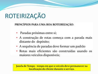 ROTEIRIZAÇÃO
PRINCÍPIOS PARA UMA BOA ROTEIRIZAÇÃO:
• Paradas próximas entre si;
• A construção de rotas começa com a parada mais
distante do depósito;
• A sequência de paradas deve formar um padrão
• Rotas mais eficientes são construídas usando os
maiores veículos disponíveis;
Janela de Tempo - tempo em que o veículo deve permanecer na
localização do cliente durante o serviço.
 