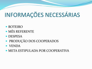 INFORMAÇÕES NECESSÁRIAS
 ROTEIRO
 MÊS REFERENTE
 DESPESA
 PRODUÇÃO DOS COOPERADOS
 VENDA
 META ESTIPULADA POR COOPERATIVA
 