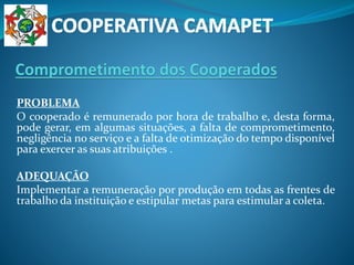 PROBLEMA
O cooperado é remunerado por hora de trabalho e, desta forma,
pode gerar, em algumas situações, a falta de comprometimento,
negligência no serviço e a falta de otimização do tempo disponível
para exercer as suas atribuições .
ADEQUAÇÃO
Implementar a remuneração por produção em todas as frentes de
trabalho da instituição e estipular metas para estimular a coleta.
 