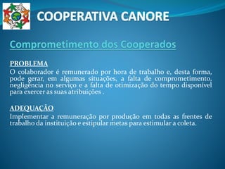 PROBLEMA
O colaborador é remunerado por hora de trabalho e, desta forma,
pode gerar, em algumas situações, a falta de comprometimento,
negligência no serviço e a falta de otimização do tempo disponível
para exercer as suas atribuições .
ADEQUAÇÃO
Implementar a remuneração por produção em todas as frentes de
trabalho da instituição e estipular metas para estimular a coleta.
 