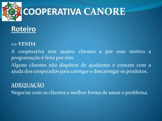 Roteiro
>> VENDA
A cooperativa tem quatro clientes e por esse motivo a
programação é feita por eles.
Alguns clientes não dispõem de ajudantes e contam com a
ajuda dos cooperados para carregar e descarregar os produtos.
ADEQUAÇÃO
Negociar com os clientes a melhor forma de sanar o problema.
 