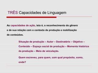 As capacidades de ação, isto é, o reconhecimento do gênero
e de sua relação com o contexto de produção e mobilização
de conteúdos.
Situação de produção – Autor – Destinatário – Objetivo –
Conteúdo – Espaço social de produção – Momento histórico
da produção – Meio de veiculação.
Quem escreveu, para quem, com qual propósito, como,
onde?
TRÊS Capacidades de Linguagem
 