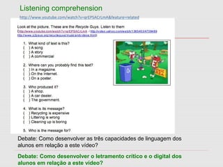 Listening comprehension
Debate: Como desenvolver as três capacidades de linguagem dos
alunos em relação a este vídeo?
Debate: Como desenvolver o letramento crítico e o digital dos
alunos em relação a este vídeo?
http://www.youtube.com/watch?v=qrEPSACrLmA&feature=related
 