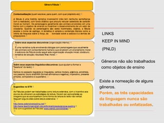 LINKS
KEEP IN MIND
(PNLD)
Gêneros não são trabalhados
como objetos de ensino
Existe a nomeação de alguns
gêneros.
Porém, as três capacidades
da linguagem nunca são
trabalhadas ou enfatizadas.
 