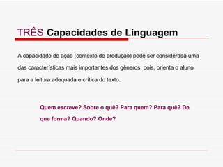 A capacidade de ação (contexto de produção) pode ser considerada uma das características mais importantes dos gêneros, pois, orienta o aluno  para a leitura adequada e crítica do texto. TRÊS   Capacidades de Linguagem Quem escreve? Sobre o quê? Para quem? Para quê? De que forma? Quando? Onde? 