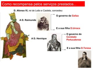 Como recompensa pelos serviços prestados...
D. Afonso VI, rei de Leão e Castela, concedeu:
A D. Henrique
A D. Raimundo
O governo da Galiza
E a sua filha D.Urraca
O governo do
Condado
Portucalense
E a sua filha D.Teresa
 