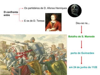 O confronto
entre
Os partidários de D. Afonso Henriques
E os de D. Teresa
Deu-se na...
Batalha de S. Mamede
perto de Guimarães
em 24 de junho de 1128
 