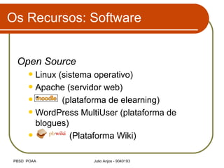 Os Recursos: Software Open Source Linux (sistema operativo) Apache (servidor web) (plataforma de elearning) WordPress MultiUser (plataforma de blogues) (Plataforma Wiki) 
