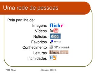 Uma rede de pessoas Pela partilha de: Imagens Vídeos Noticias Favoritos Conhecimento Leituras Intimidades 