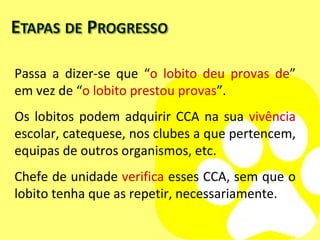 Passa a dizer-se que “ o lobito deu provas de ” em vez de “ o lobito prestou provas ”. Os lobitos podem adquirir CCA na sua  vivência  escolar, catequese, nos clubes a que pertencem, equipas de outros organismos, etc.  Chefe de unidade  verifica  esses CCA, sem que o lobito tenha que as repetir, necessariamente. 
