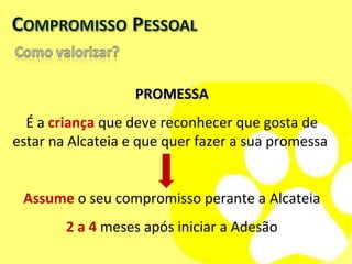 PROMESSA É a  criança   que deve reconhecer que  gosta de estar na Alcateia e que quer fazer a sua promessa  Assume  o seu compromisso perante  a Alcateia 2 a 4  meses após iniciar a Adesão 
