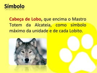   Cabeça de Lobo ,  que encima o Mastro Totem da Alcateia, como símbolo máximo da unidade e de cada Lobito.  
