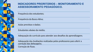 INDICADORES PRIORITÁRIOS – MONITORAMENTO E
ASSESSORAMENTO PEDAGÓGICO.
Frequência dos estudantes;
Frequência da Busca Ativa;
Aulas previstas e dadas;
Estudantes abaixo da média;
Adequação do currículo para atender aos desafios da aprendizagem;
Adequação das Avaliações realizadas pelos professores para aferir a
correção das defasagens;
Correção de fluxo.
 