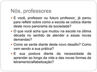 Nós, professores 
 E você, professor ou futuro professor¸ já parou 
para refletir sobre como a escola se coloca diante 
deste novo panorama da sociedade? 
 O que você acha que mudou na escola na última 
década no sentido de atender a essas novas 
demandas? 
 Como se sente diante deste novo desafio? Como 
vem sendo a sua prática? 
 E sua postura diante da necessidade de 
aprender ao longo da vida e das novas formas de 
letramento/alfabetização? 
 