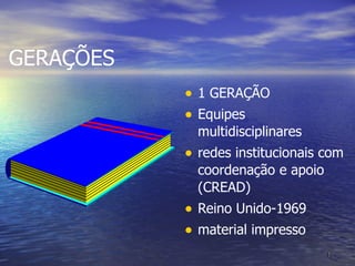 GERAÇÕES  1 GERAÇÃO Equipes multidisciplinares redes institucionais com coordenação e apoio (CREAD) Reino Unido-1969 material impresso 