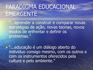 PARADIGMA EDUCACIONAL EMERGENTE “ ...aprender a construir e comparar novas estratégias de ação, novas teorias, novos modos de enfrentar e definir os problemas.” “ ...educação é um diálogo aberto do indivíduo consigo mesmo, com os outros e com os instrumentos oferecidos pela cultura e pelo ambiente.” 