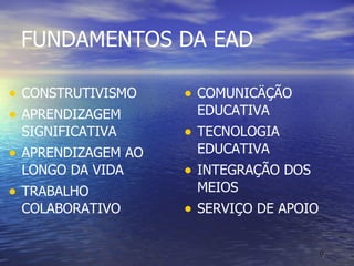 FUNDAMENTOS DA EAD CONSTRUTIVISMO APRENDIZAGEM SIGNIFICATIVA APRENDIZAGEM AO LONGO DA VIDA TRABALHO COLABORATIVO COMUNICÄÇÃO EDUCATIVA TECNOLOGIA EDUCATIVA INTEGRAÇÃO DOS MEIOS SERVIÇO DE APOIO 