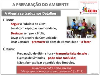 CEBsPCJ2015
A Alegria se traduz nos Detalhes:
A PREPARAÇÃO DO AMBIENTE
Seguir o Subsídio da CEBs;
É Bom:
É Ruim:
Preparação de última hora – transmite falta de zelo ;
Local com espaço e luminosidade;
Destacar sempre a Bíblia;
Levar o Padroeiro da Comunidade;
Usar Cartazes - promover os dons da comunidade – o fazer;
Excesso de Símbolos – pode criar confusão;
Não saber explicar o sentido dos Símbolos.
Jesus enviou Pedro e João, dizendo:
“Ide e preparai-nos a páscoa para comermos” (Lc 22, 8)
 