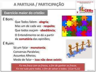 CEBsPCJ2015
Fiz-me fraco com os fracos, a fim de ganhar os fracos.
Fiz-me tudo para todos, a fim de salvar a todos. (1Cor 9,22)
Exercício maior do cristão:
A PARTILHA / PARTICIPAÇÃO
Que Todos falem - alegria;
É Bom:
É Ruim:
Só um falar - monotonia;
Mas um de cada vez - respeito;
Que todos ouçam - obediência;
O Entendimento se dá a partir
da somatória das opiniões;
Conversas Paralelas;
Assuntos Alheios;
Medo de falar – isso não deve existir;
 