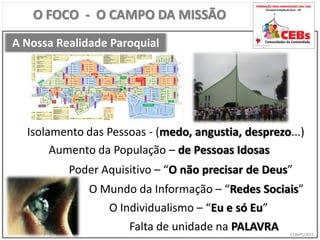 CEBsPCJ2015
A Nossa Realidade Paroquial
O FOCO - O CAMPO DA MISSÃO
Isolamento das Pessoas - (medo, angustia, desprezo...)
Aumento da População – de Pessoas Idosas
Poder Aquisitivo – “O não precisar de Deus”
O Mundo da Informação – “Redes Sociais”
O Individualismo – “Eu e só Eu”
Falta de unidade na PALAVRA
 